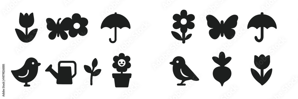 Fototapeta premium Collection of web icons featuring gardening elements and nature symbols in a simple black design