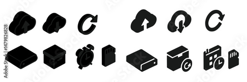 Collection of web icons showcasing various functions like upload, refresh, storage, and time management in a minimalistic design style