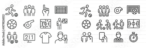 Set of web icons representing various aspects of soccer including players, referees, and gameplay elements for digital use