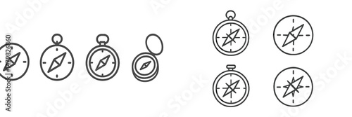 Set of minimalistic web icons representing compasses in various styles for navigation and direction purposes