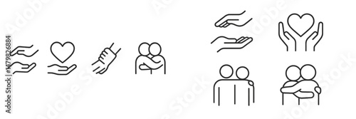 Web icons representing love, support, and connection among people in various poses and interactions