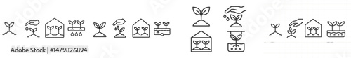 Set of minimalistic web icons illustrating plant growth and gardening concepts for digital platforms