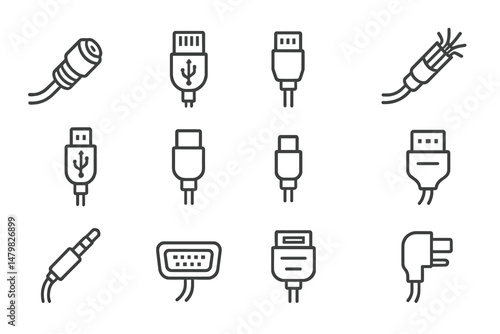 Collection of web icons depicting various cable types and connectors arranged in a grid pattern for easy reference