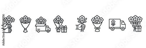 Set of web icons illustrating flower delivery process from purchase to delivery