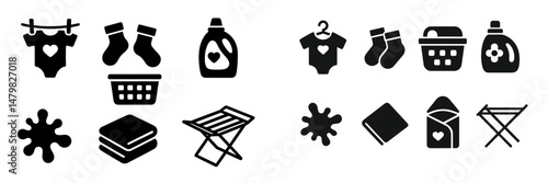 Collection of laundry-related web icons including clothes, detergent, and washing accessories designed for digital use