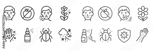 Collection of web icons illustrating allergy symptoms, treatments, and environmental factors affecting health