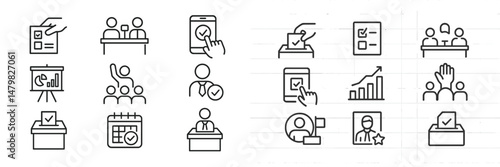 Set of web icons representing various business and communication activities in a clean design