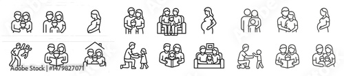 Collection of web icons showcasing family interactions and relationships in various everyday scenarios