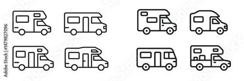 Set of minimalistic web icons featuring various designs of recreational vehicles and campers