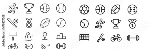 Collection of web icons representing various sports and physical activities featuring equipment, trophies, and athletes