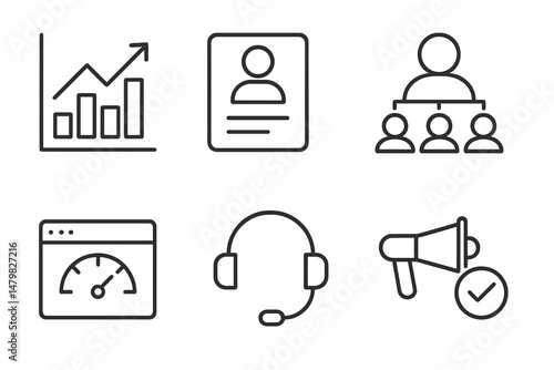 Collection of web icons representing analytics, user profiles, communication, and productivity tools for digital platforms