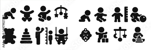 Collection of web icons representing various stages of infant development and playtime activities in black silhouette style