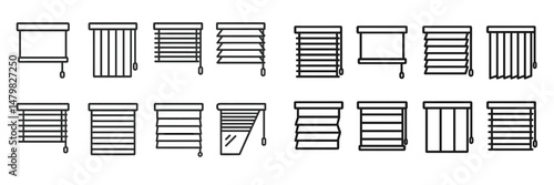 Set of web icons representing various types of window blinds in a minimalist design suitable for digital use
