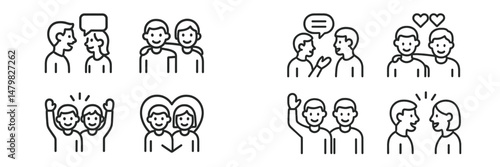 Collection of web icons depicting social interactions and communication between individuals in different scenarios