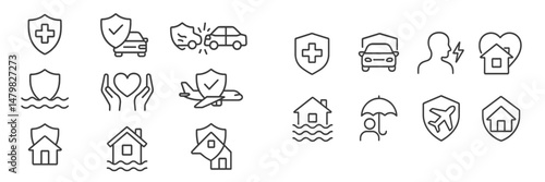 Set of versatile web icons illustrating various insurance types and protection symbols for digital use in design projects