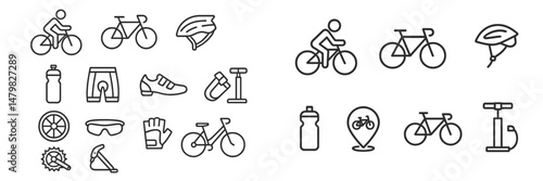 Collection of cycling and bike-related web icons showcasing various gear and accessories for outdoor activities