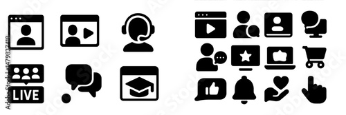 Collection of web icons representing communication, education, and digital interaction in various formats for tech applications