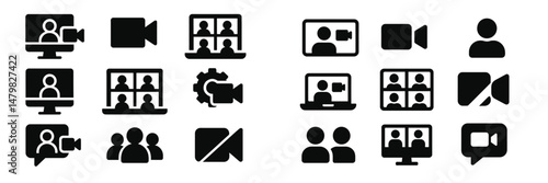 Collection of web icons representing online communication tools and video conferencing applications for virtual meetings and teamwork