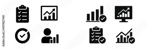 Variety of web icons representing charts, analytics, checklists, and user activity suitable for digital projects