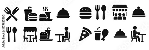 Collection of web icons representing food and dining activities with various utensils and meal types suitable for design and development