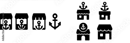 Set of minimalistic web icons featuring anchor symbols and digital storefronts in black design for web applications and interfaces
