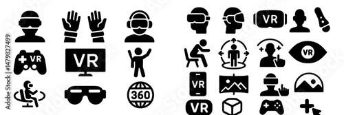 Set of black web icons representing virtual reality concepts and activities in gaming and technology