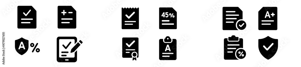 Set of web icons representing documents, grades, and checklists for educational and administrative use Set of web icons representing documents, grades, and checklists for educational and administrative use