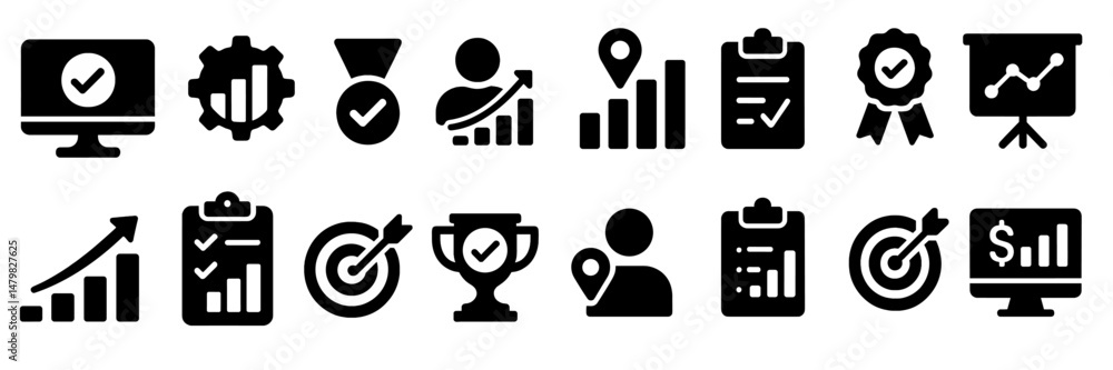 Collection of black web icons representing various business and analytics concepts for digital applications Collection of black web icons representing various business and analytics concepts for digital applications