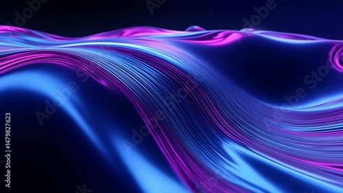 Abstract background with neon liquid metal ripples flowing in a dark space