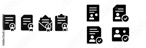 Set of web icons illustrating document types and certification symbols for digital applications and services