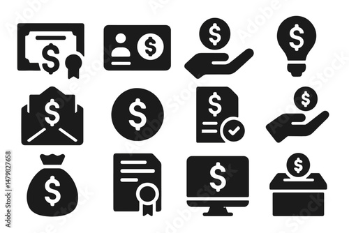 Collection of web icons depicting financial symbols like currency, credit, and payment options designed for digital interfaces