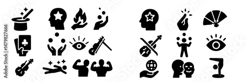 Collection of web icons representing various concepts related to creativity, performance, and entertainment activities