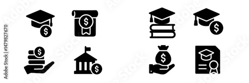 Collection of web icons depicting educational finance concepts with scholarships and monetary aspects for students