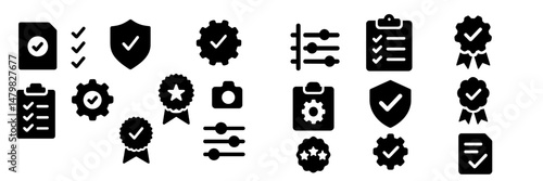 Collection of web icons featuring symbols of approval, security, and organization for digital applications and projects