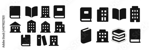 Collection of web icons representing books and buildings suitable for various digital design projects and applications