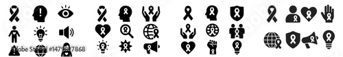 Collection of diverse web icons representing awareness campaigns and social initiatives in a minimalistic black and white design