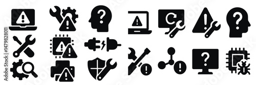 Set of web icons depicting warning and troubleshooting symbols for digital issues and technology support