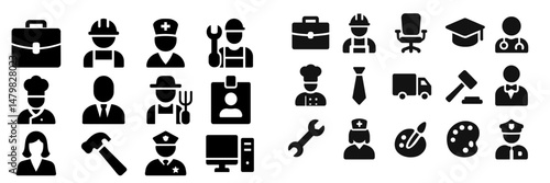 Collection of web icons representing various professions and tools for digital design and user interface applications