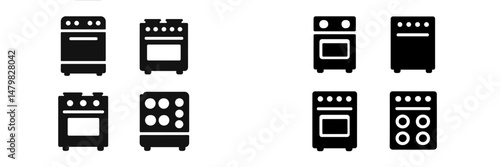 Collection of black web icons representing cooking appliances including stoves and ovens for digital design