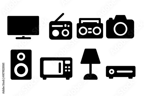 Collection of black and white web icons representing home appliances and electronic devices for digital use