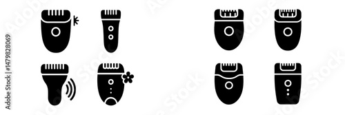 Set of web icons representing various grooming devices in simple black and white design
