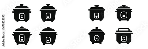 Set of web icons featuring various styles of rice cookers in minimalist design