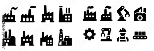 Set of web icons depicting industrial elements and machinery designed for digital applications