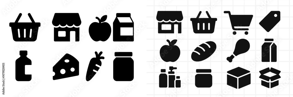 Obraz premium Collection of web icons representing shopping, food, and grocery items for digital design use