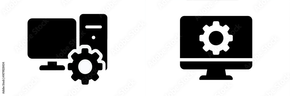 Collection of web icons depicting computer and gear symbols for development and technology applications Collection of web icons depicting computer and gear symbols for development and technology applications