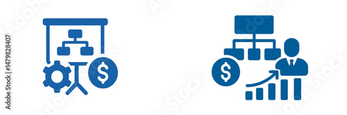 Web icons illustrating financial management and organizational structure for business strategies and growth enhancement