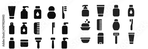 Collection of web icons representing personal care and beauty products in a minimalist design featuring bottles, containers, and tools