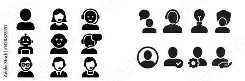 Set of web icons showcasing diverse user avatars, support roles, and communication styles in modern digital environments