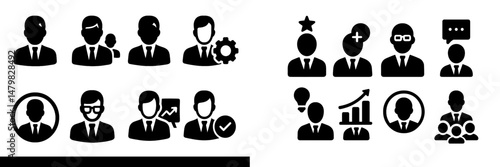 Collection of diverse web icons depicting professional individuals in various business scenarios and activities for modern digital use