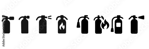 Collection of web icons depicting fire extinguishers in various stages of use and design for safety and emergency applications